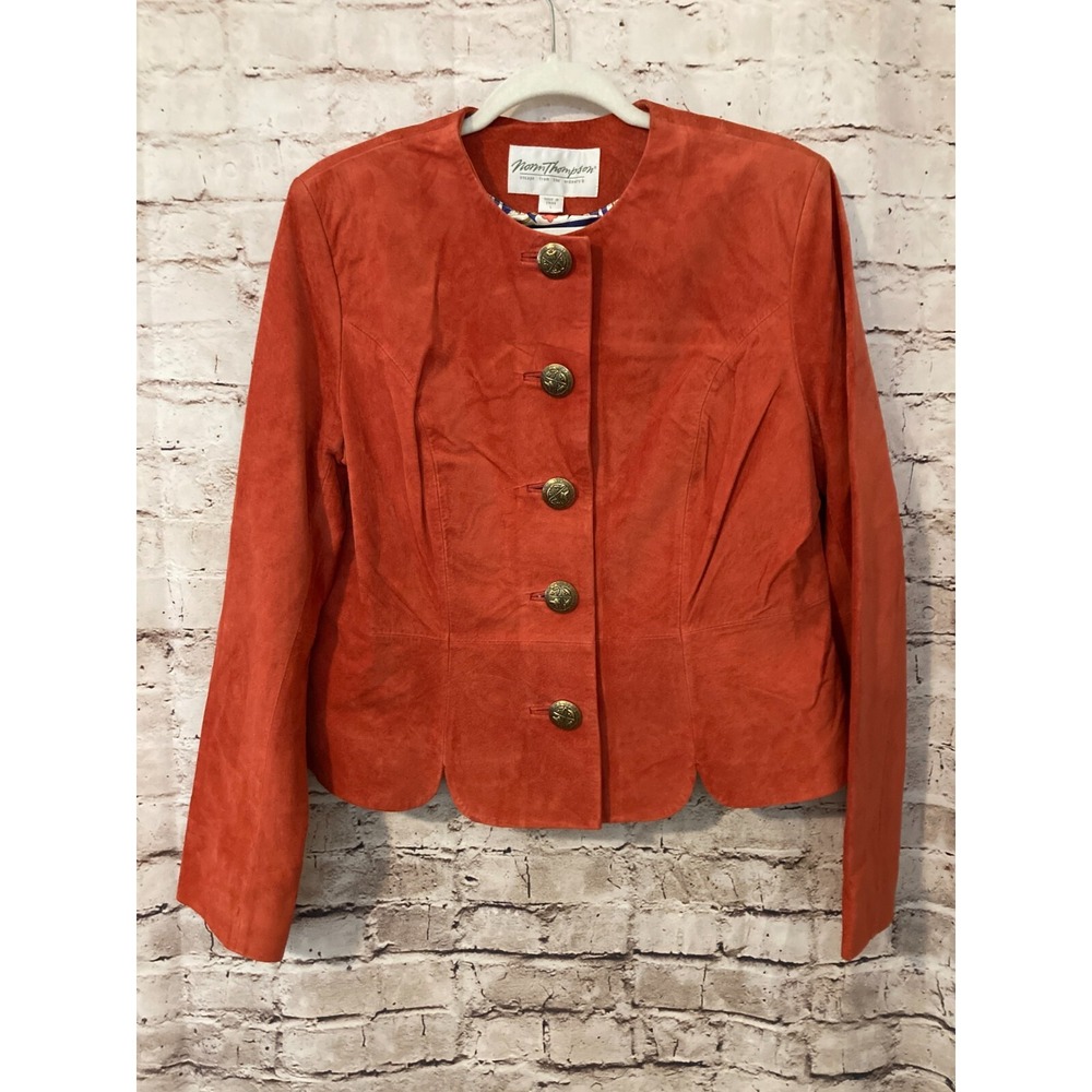 Norm Thompson Leather Jacket Womens Large Rust Orange Satin Lined Scalloped Edge